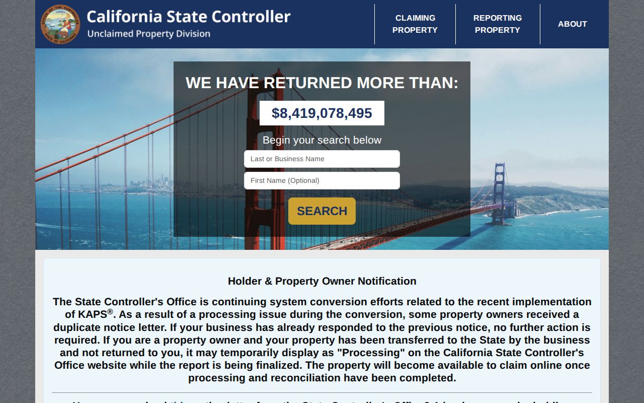 La Quinta resident lookup using a California unclaimed property name search